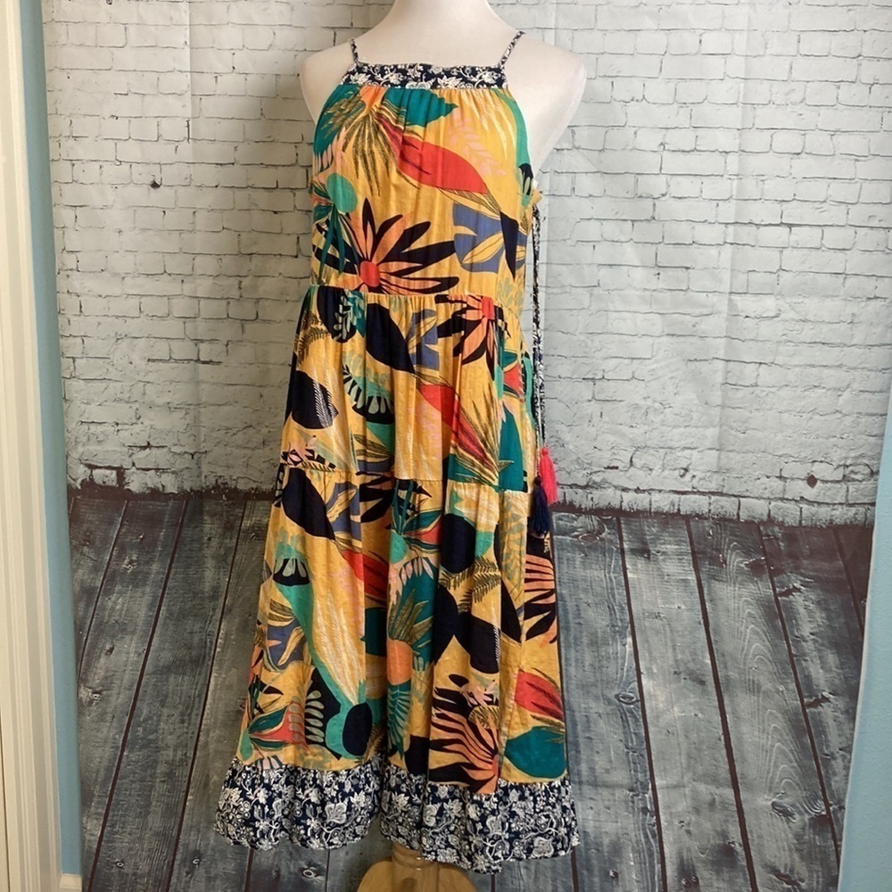 THML NWT Spaghetti Strap Boho Floral Print Midi Length Ruffle Dress S Summer